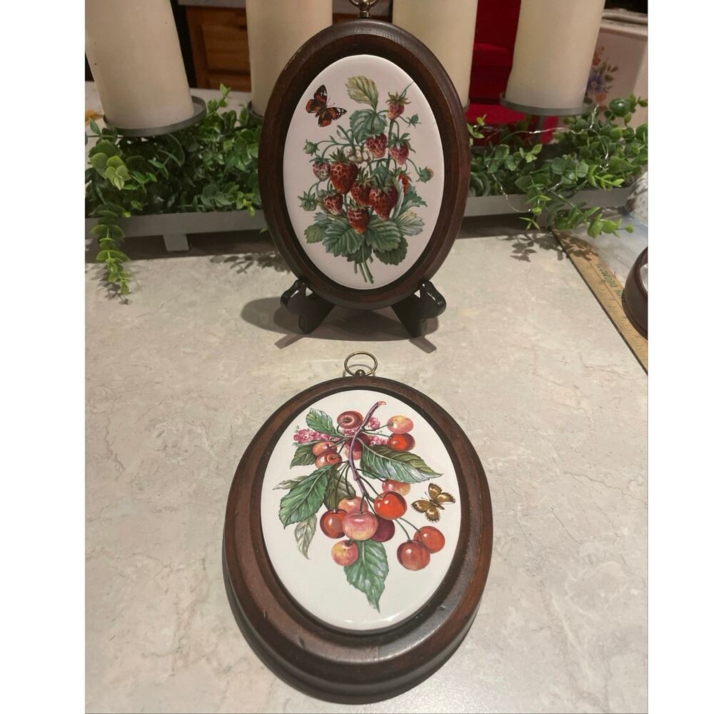 Vintage Oval Tile Trivet Wall Plaque w Strawberries & Cherries Butterflies Wood